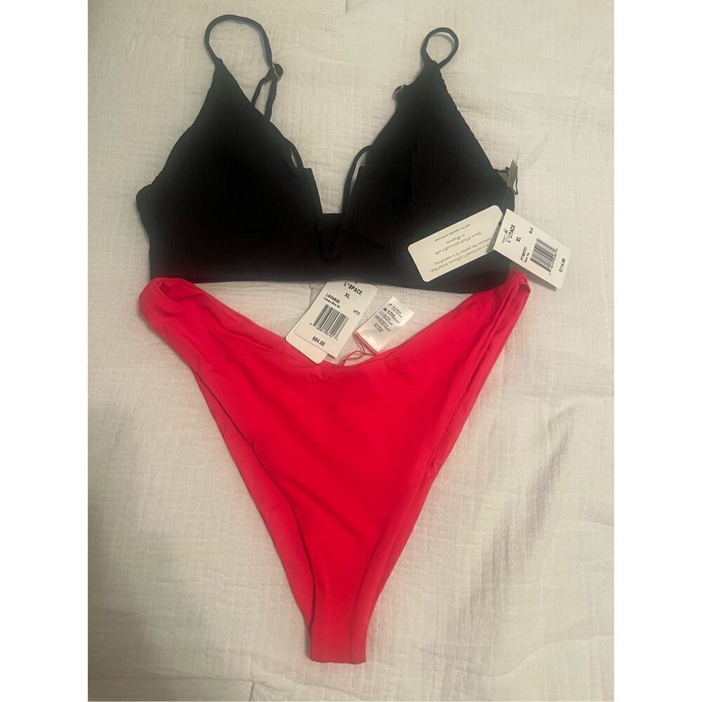 L*Space Siren Bikini Top Black with Cabana Bottom Cherry NEW NWT
